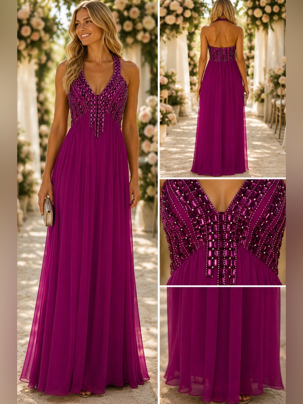 Aidan Mattox Niteline Silk Beaded Halter Gown Maxi Formal Dress Pink S 4 Prom